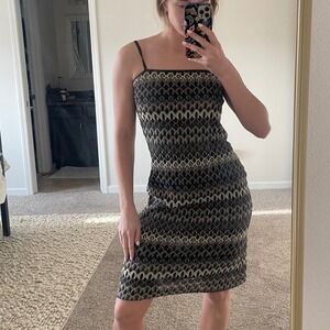 Vintage Jonathan Martin Earth Tone Lace Print Spaghetti Strap Sheath Dress‎